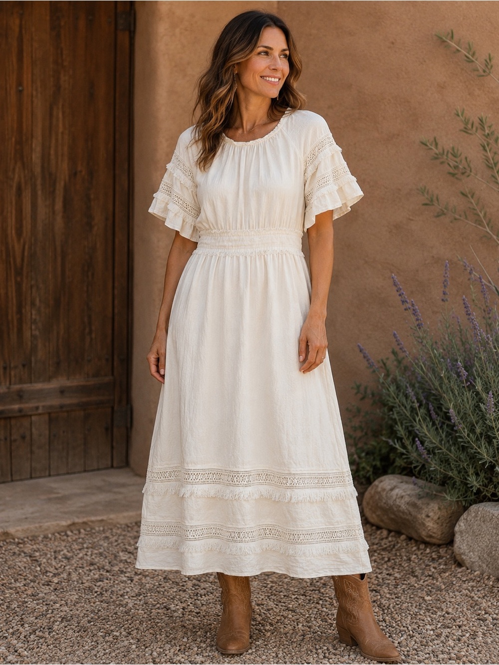 & Other Stories Cream Boho Lace-Trim Midi Dress
